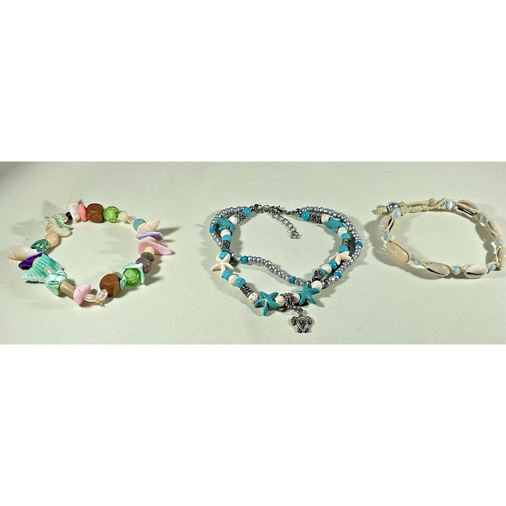 Lot 3 Anklet & Bracelets Multicolor Beaded Sea Turtle Shells Starfish Beachy